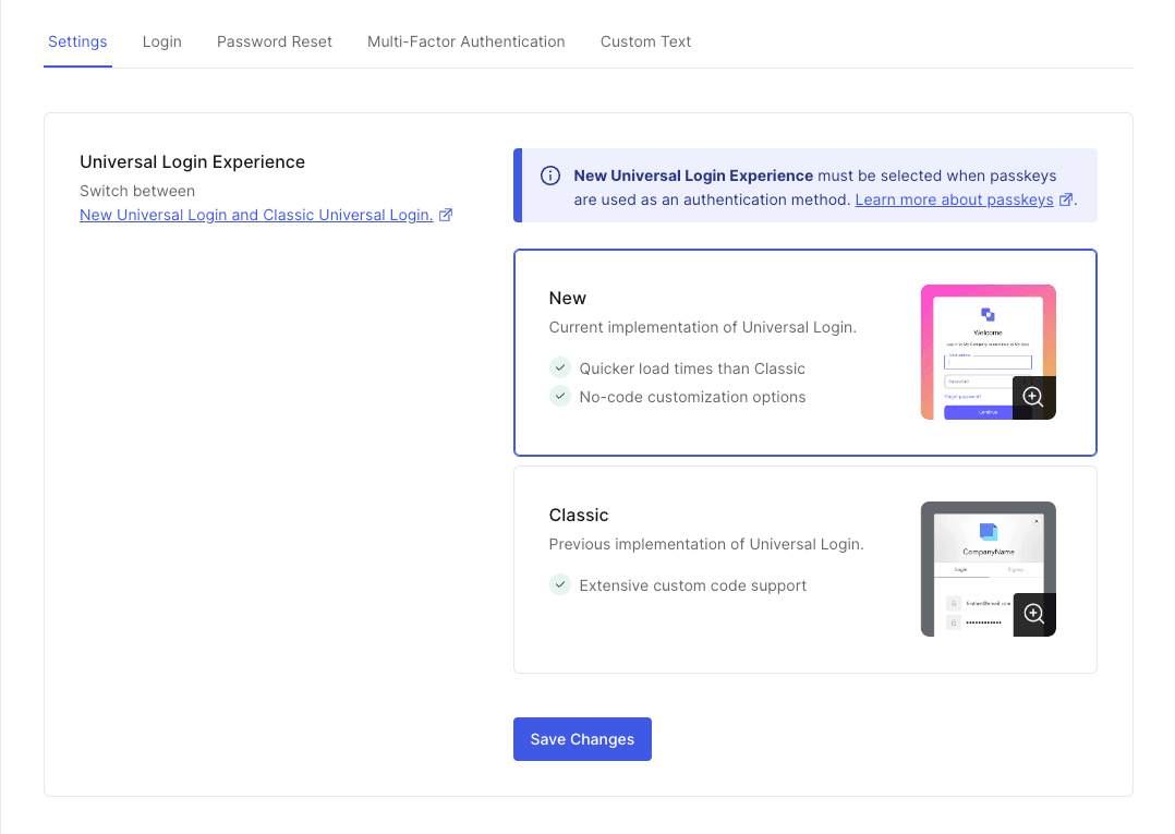 Auth0 Universal Login Experience options