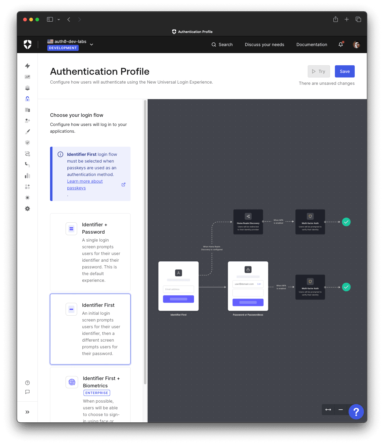 A web page showing the login flows that Auth0 supports for the Authentication Profile. Each flow shows a diagram of the elements that make up the login flow, such as a form that collects the username.