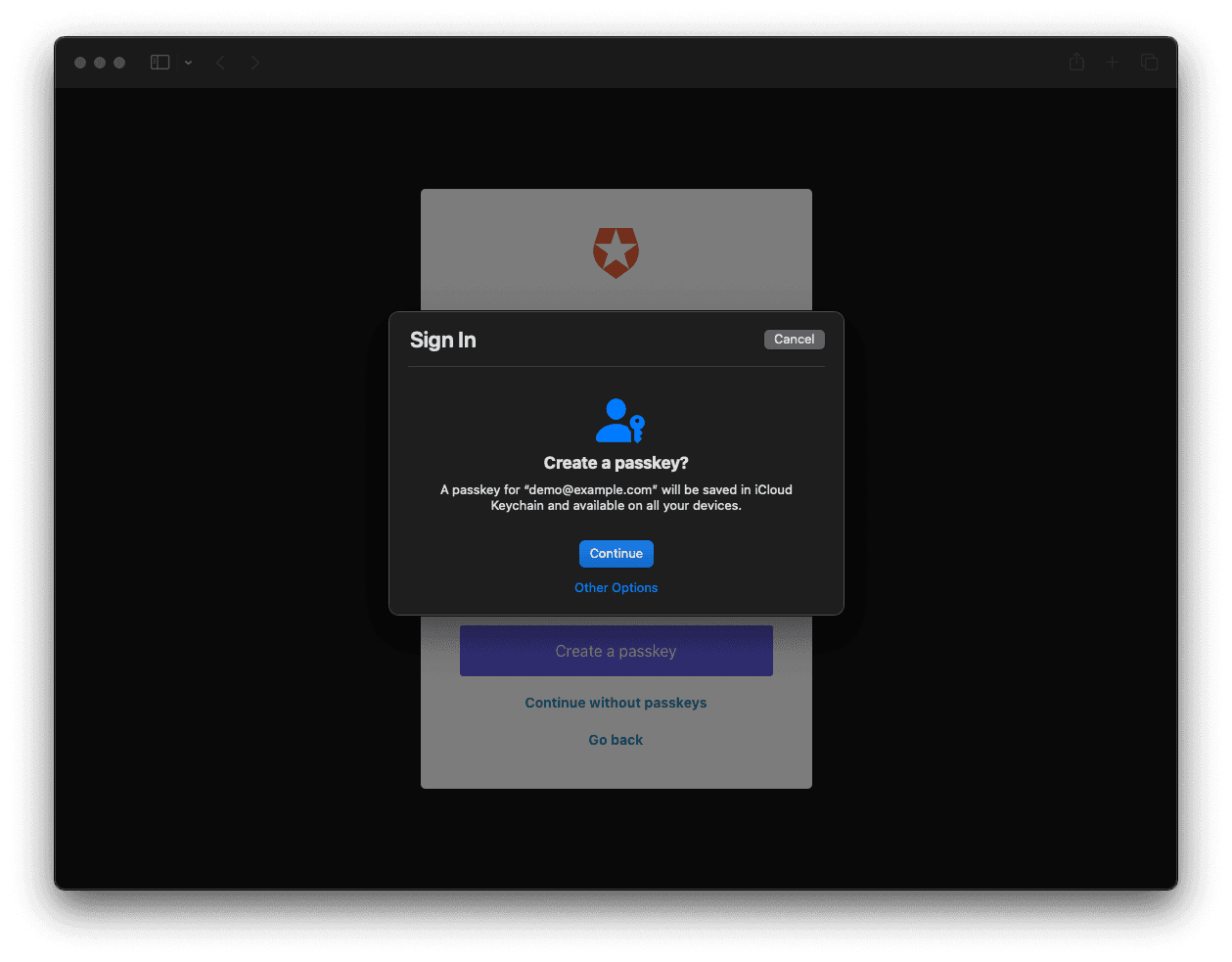 A pop-up from macOS Safari, giving you the option to create a passkey using an iCloud account.