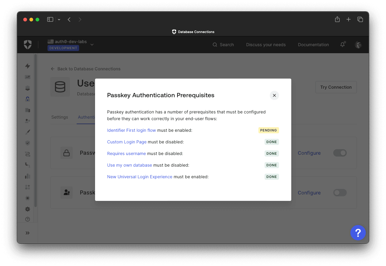 A modal that shows all the required configuration elements that you need to set for passkeys to work in  your Auth0 tenant.