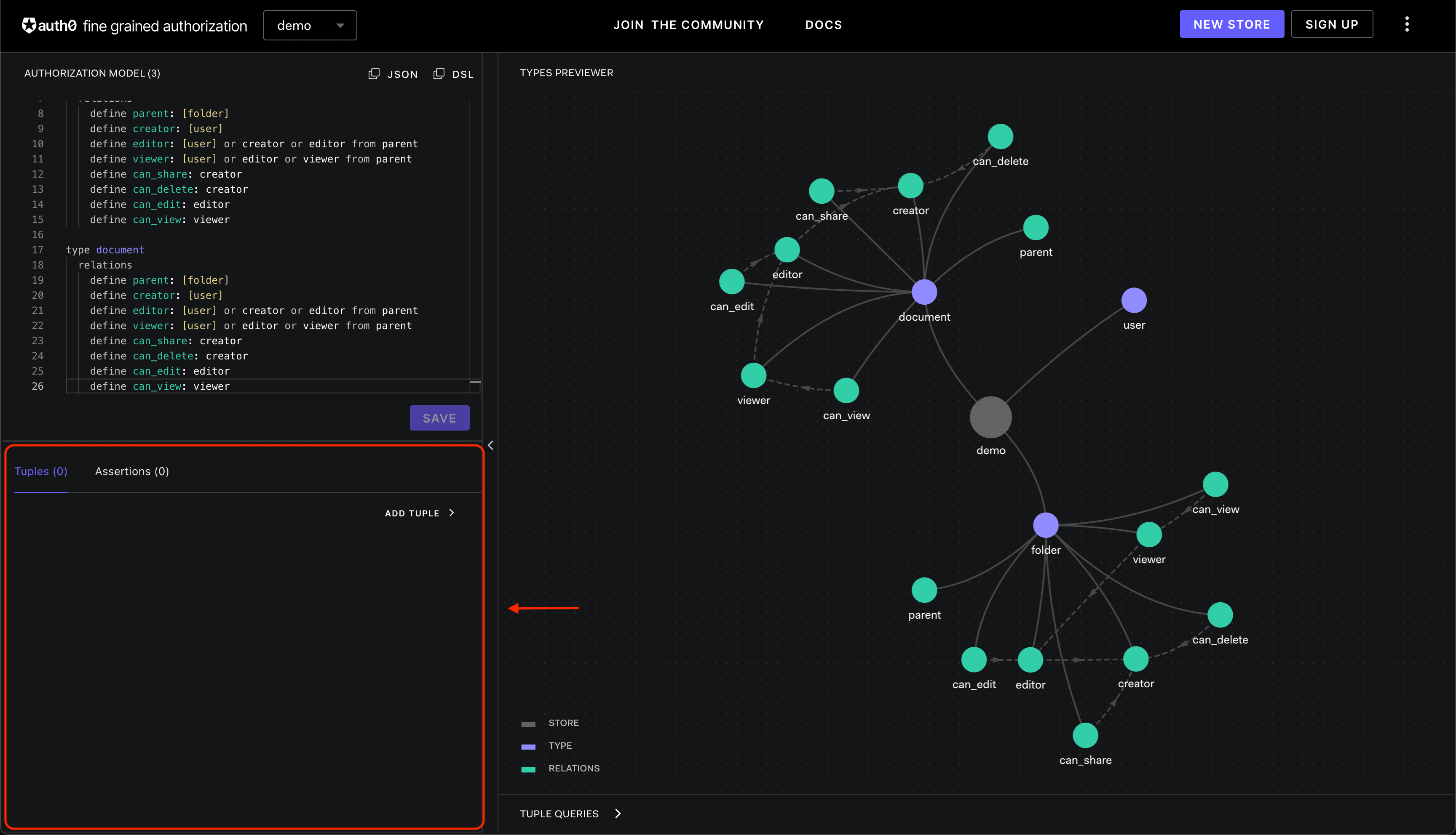 Image showing the FGA Playground relationship tuples panel