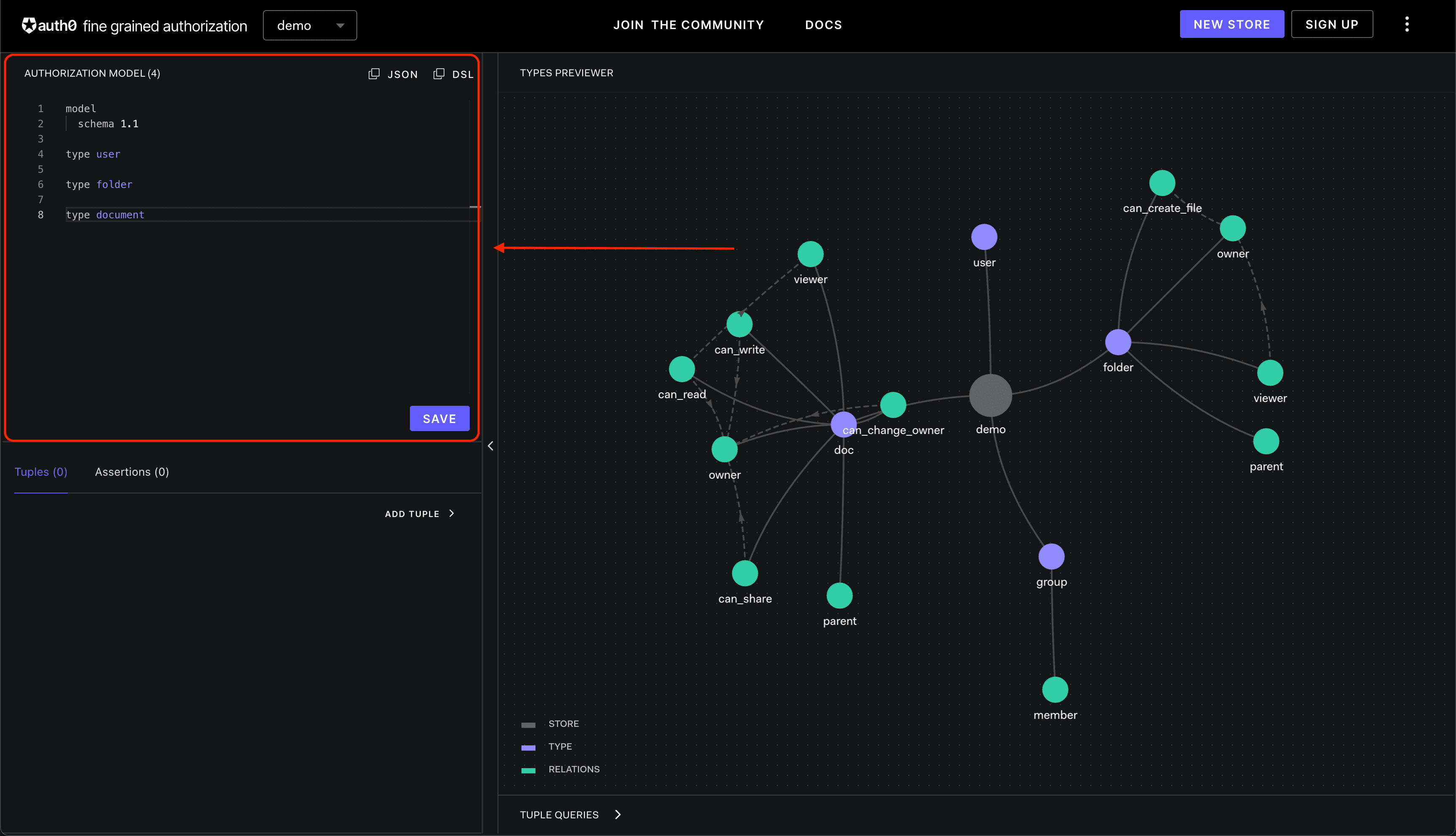 Image showing the FGA Playground types panel