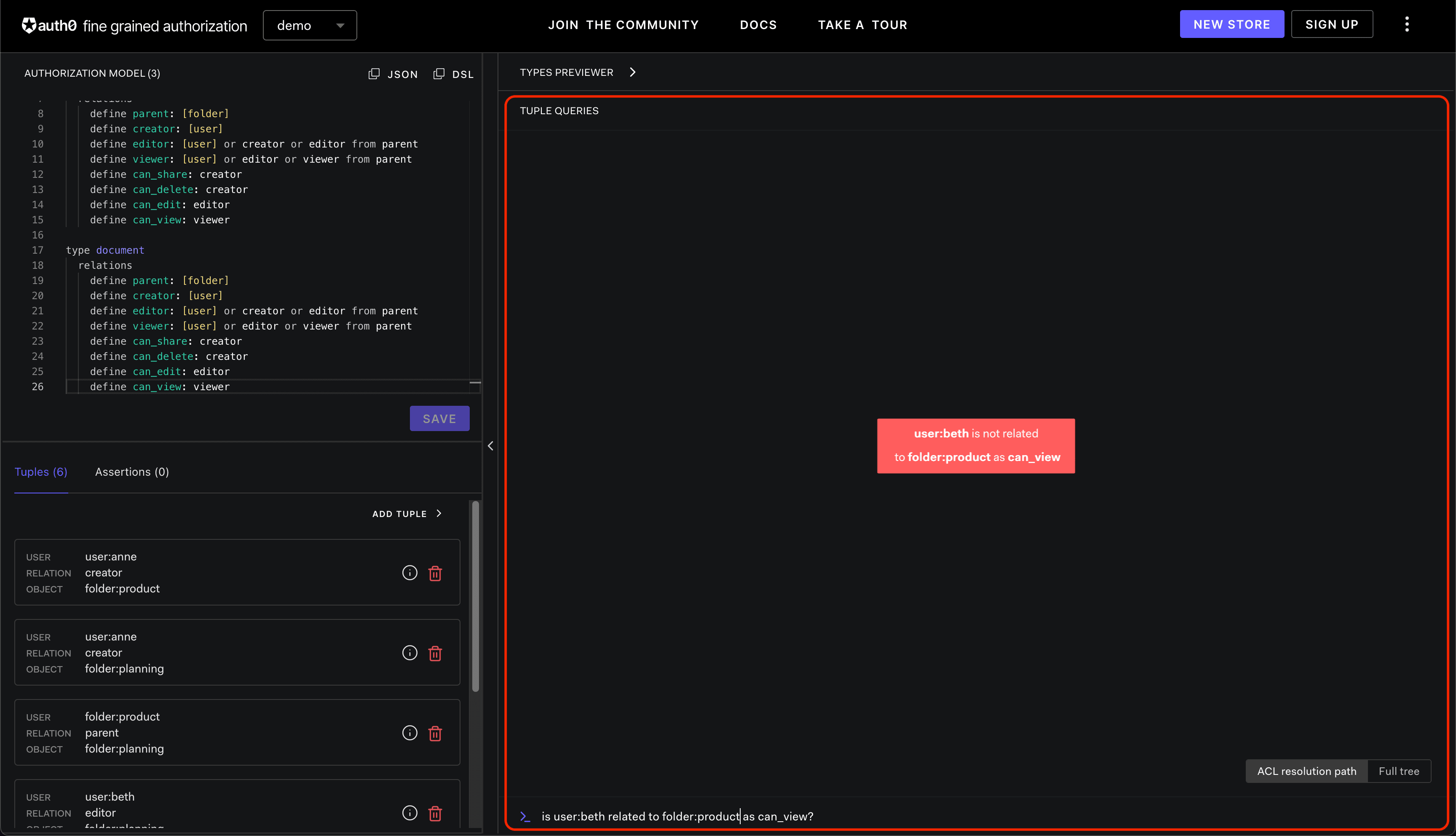 Image showing the FGA Playground unsuccessful query