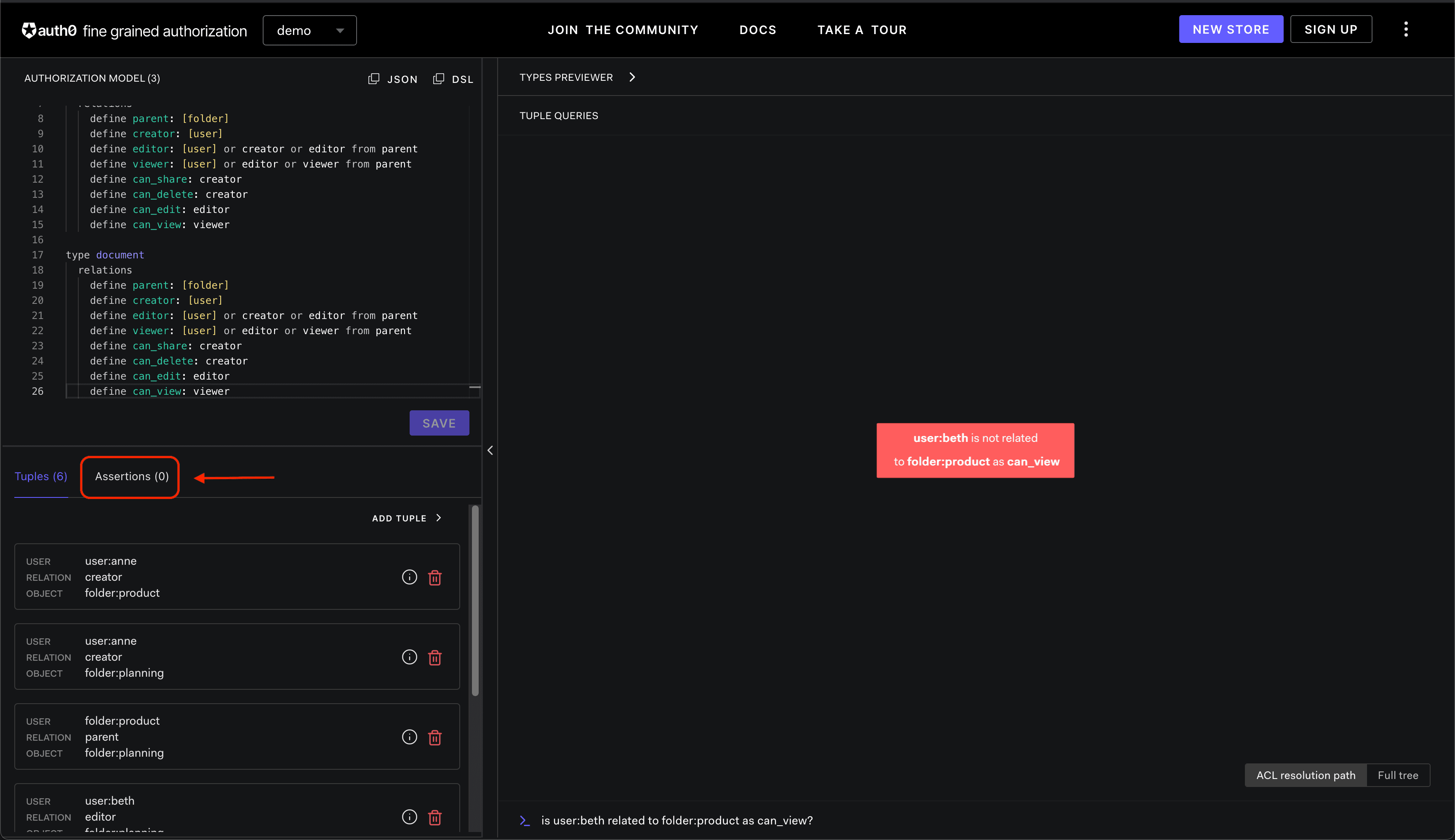 Image showing the FGA Playground assertions tab