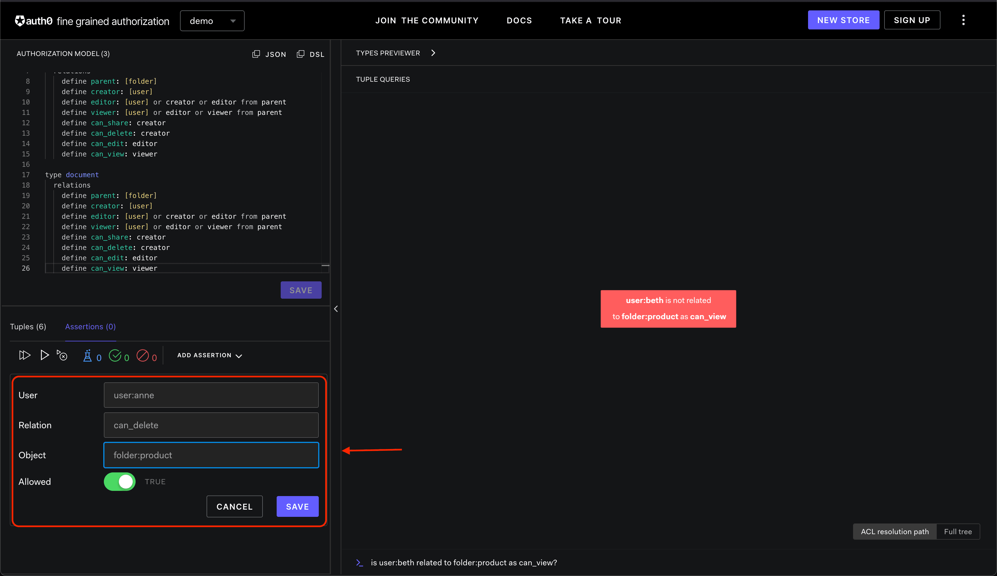 Image showing the FGA Playground assertion true relationship
