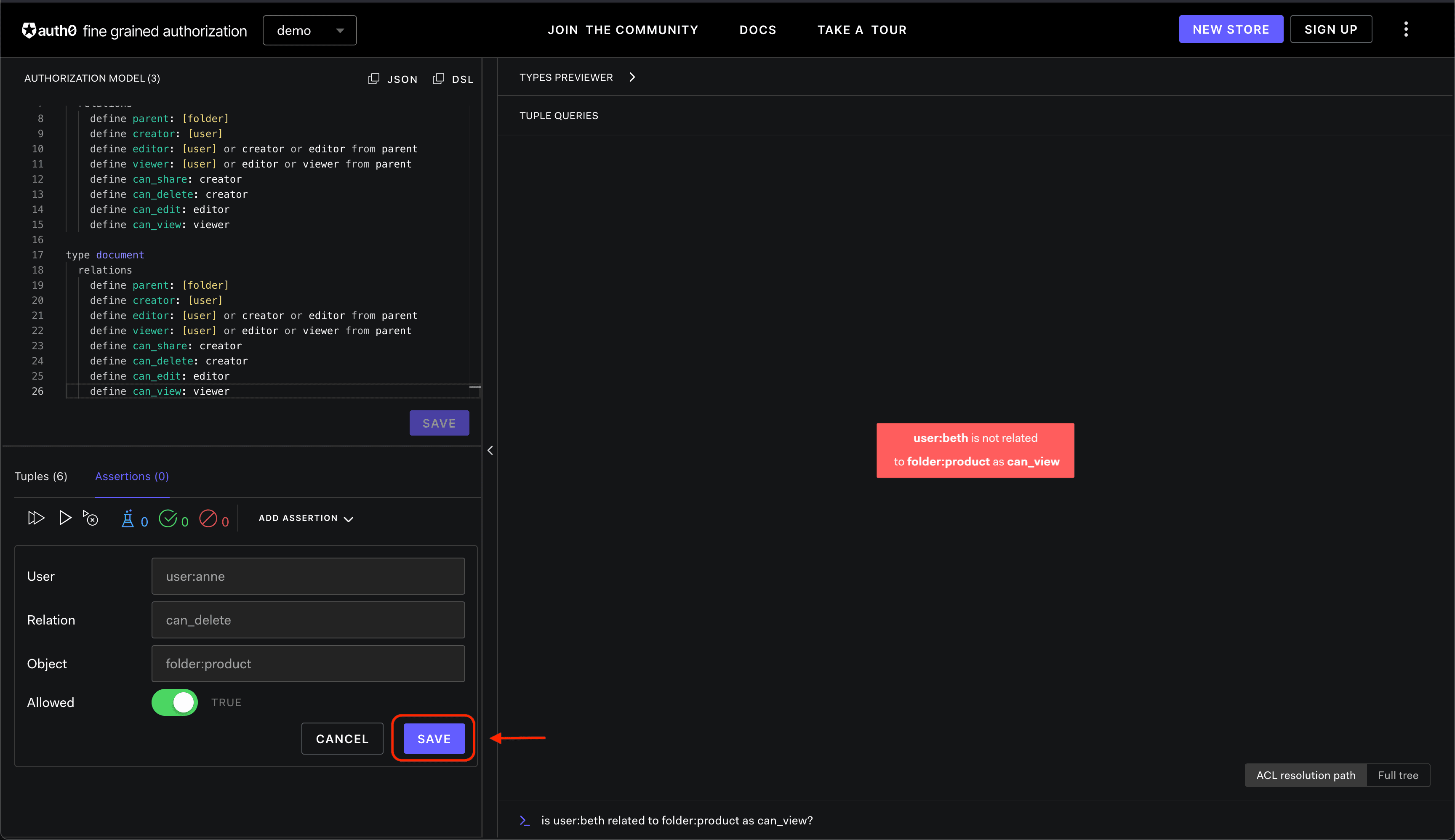 Image showing the FGA Playground assertion being saved