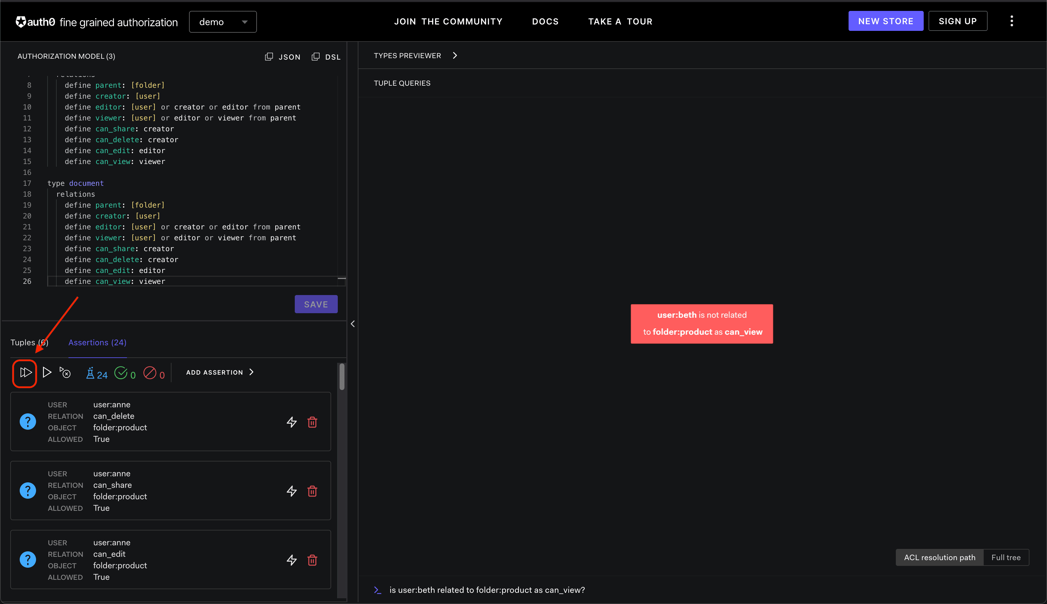 Image showing the FGA Playground assertion run all tests button